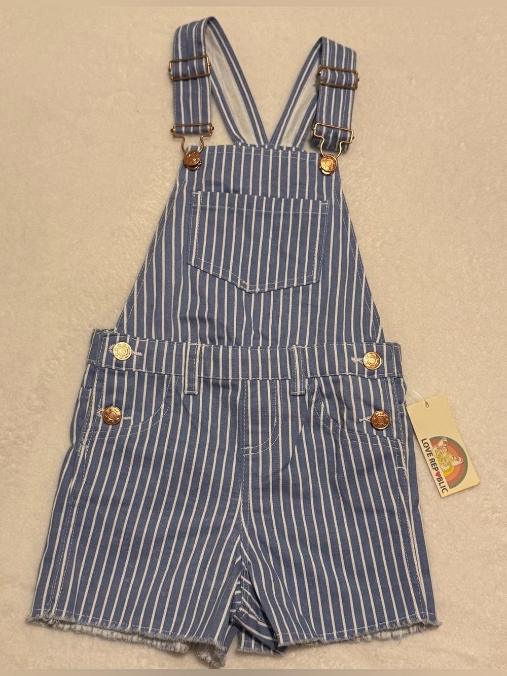 NEW Love Republic Little Girls' Blue Stripe Raw Hem Short Overalls Size 5/6